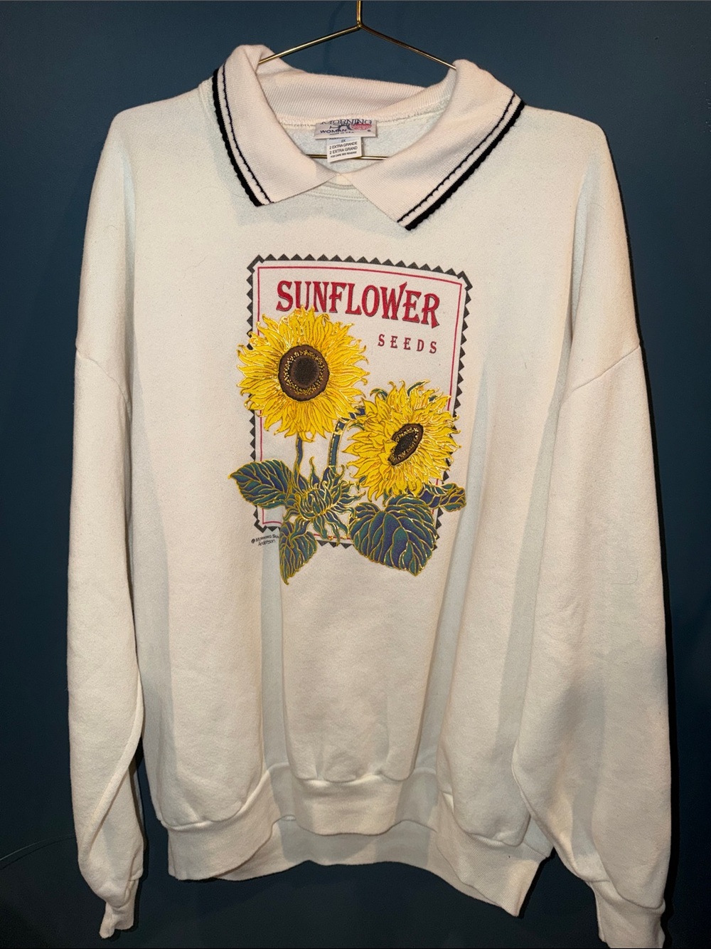 VTG | Sunflower Seeds Graphic Polo Collar Sweater - cream